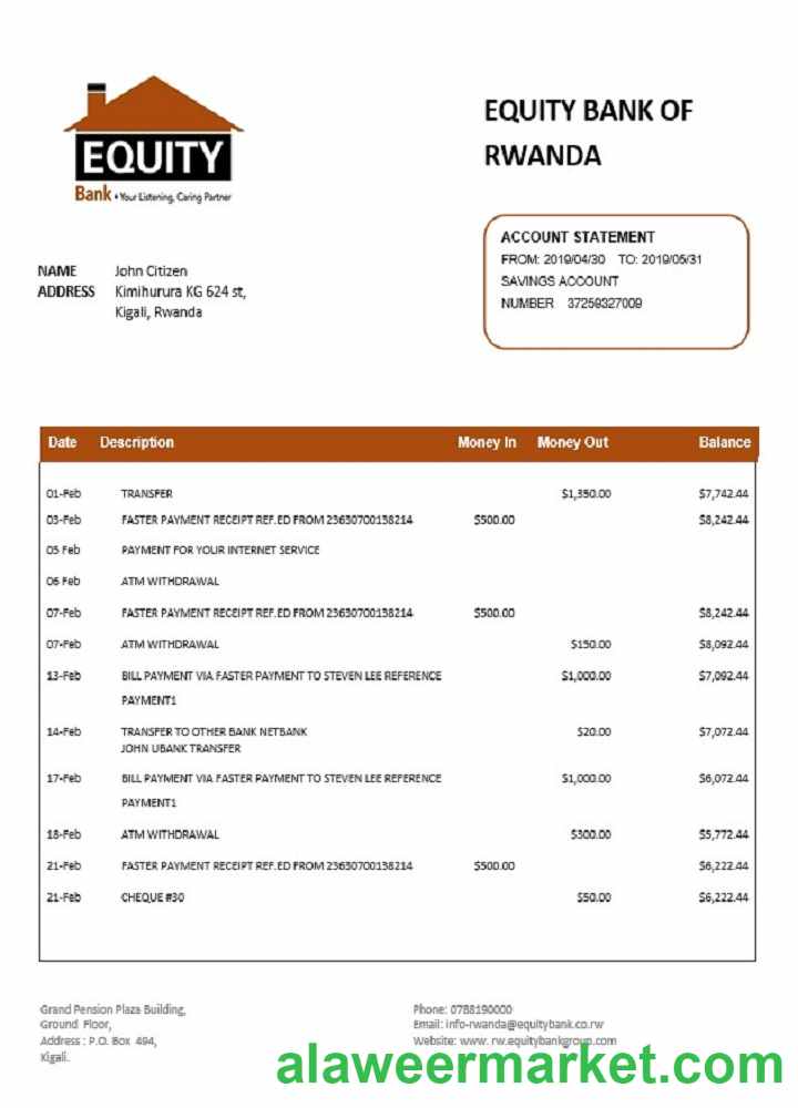 Rwanda Equity Bank of Rwanda proof of address bank statement template in Word and PDF format